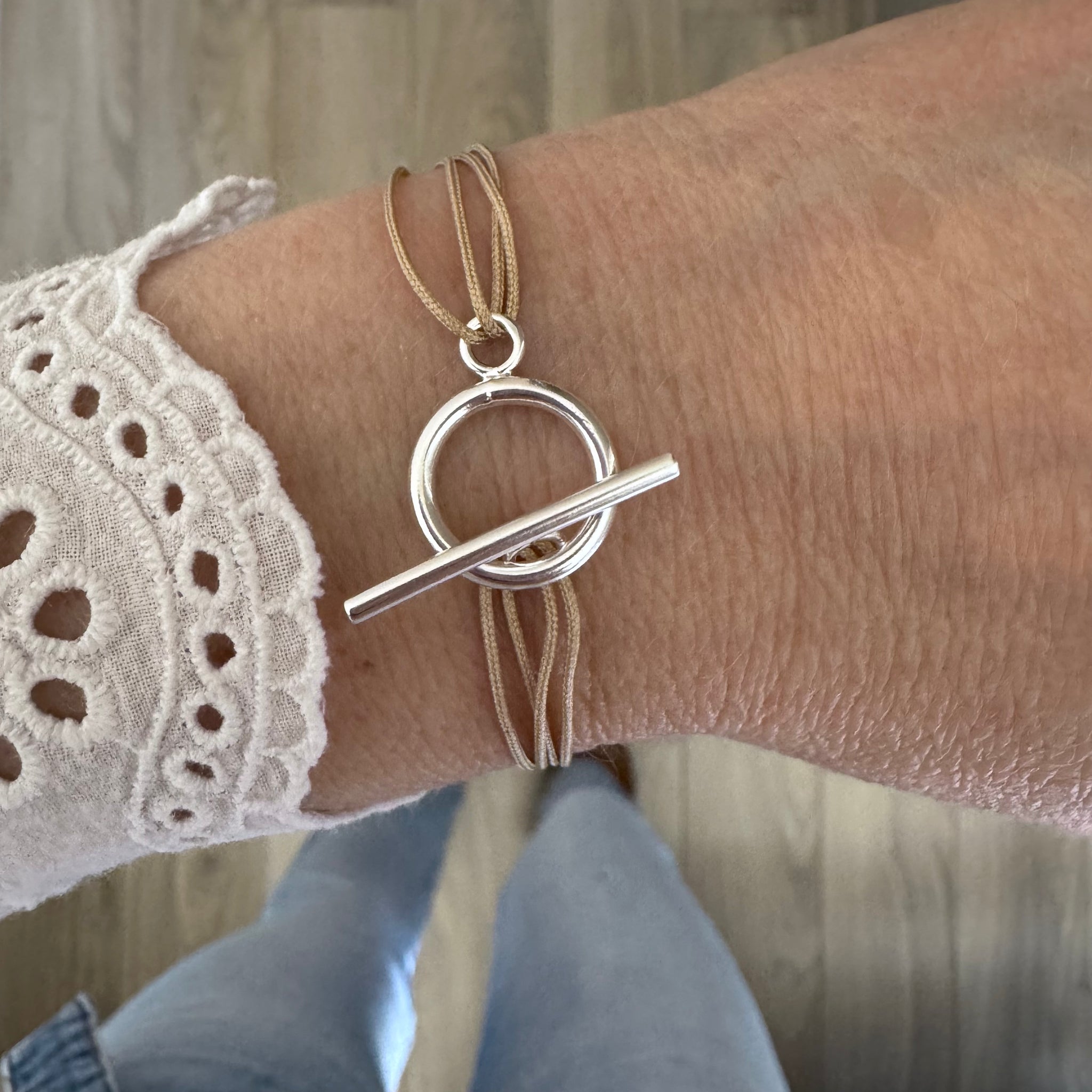Bracelet Argent (Cordon noir ou Beige)